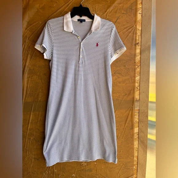 Ralph Lauren White with Navy Stripes Polo Dress with Pink Logo Size Large - Picture 2 of 7